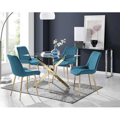 Lenworth Modern Metal and Glass Dining Table Set with 4 Velvet Upholstered Dining Chairs