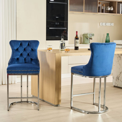 De 2 tabourets de bar à hauteur de comptoir de 25 po, velours bleu avec dossier à boutons et siège à garniture de rivets, base en métal chromé robuste pour les tabourets de salle à manger, 2 sièges, chaises Island