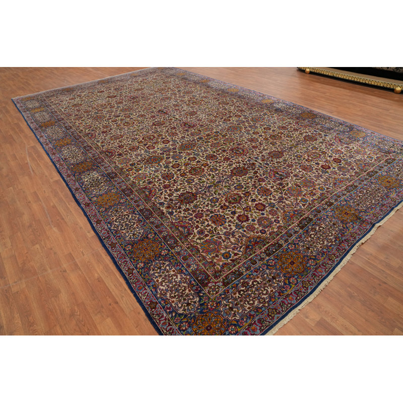 Tapis unique en laine noué à la main beige style Kerman de 10 pi 11 po x 18 pi 8 po Niyathi