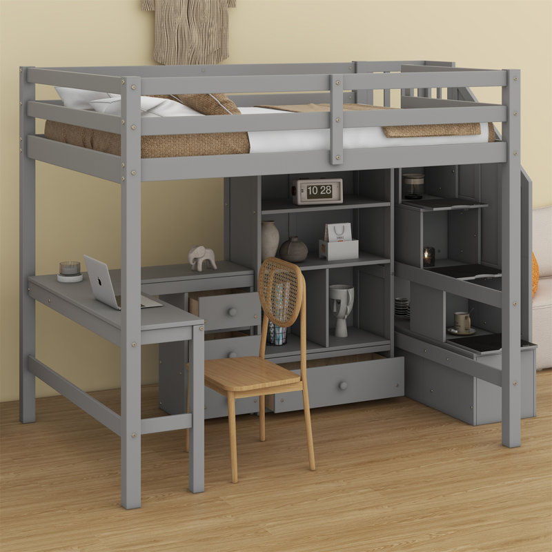 Lit mezzanine avec bureau en L et tiroirs, armoire et escalier de rangement, Gris