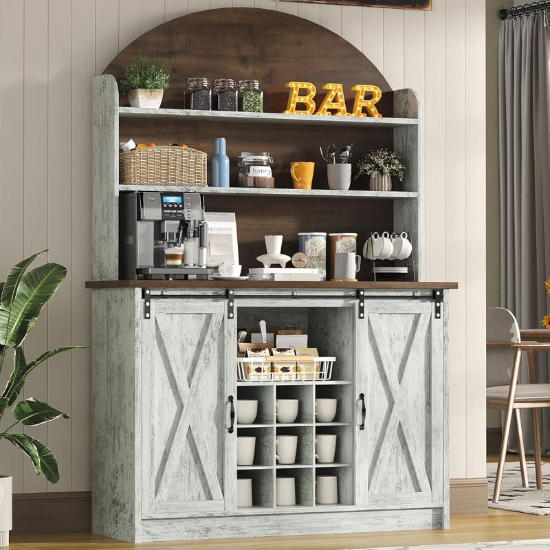 Abrianna Coffee Bar with 3-Tier Storage, 67" Coffee Bar Cabinet, Gray