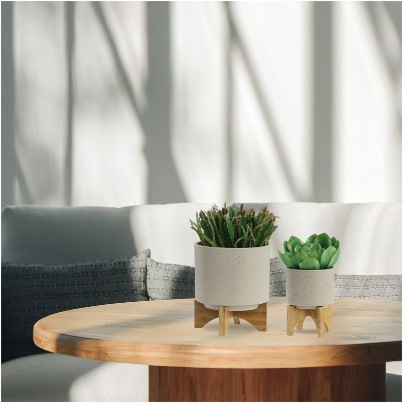 S/2 5/8" PLANTER W/ WOOD STAND, MATTE BEIGE