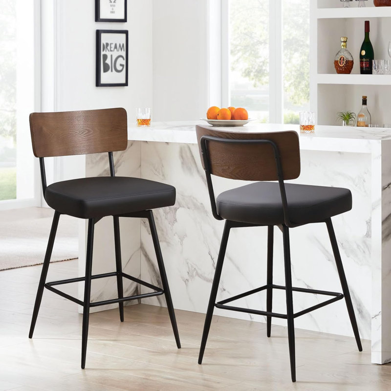 Swivel Upholstered Counter Stool with Metal Frame, Black