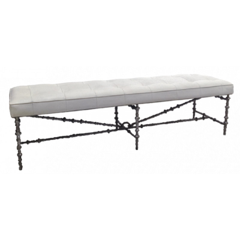 Diego Upholstered Tufted Bench, Ivory, Antiqued Silver