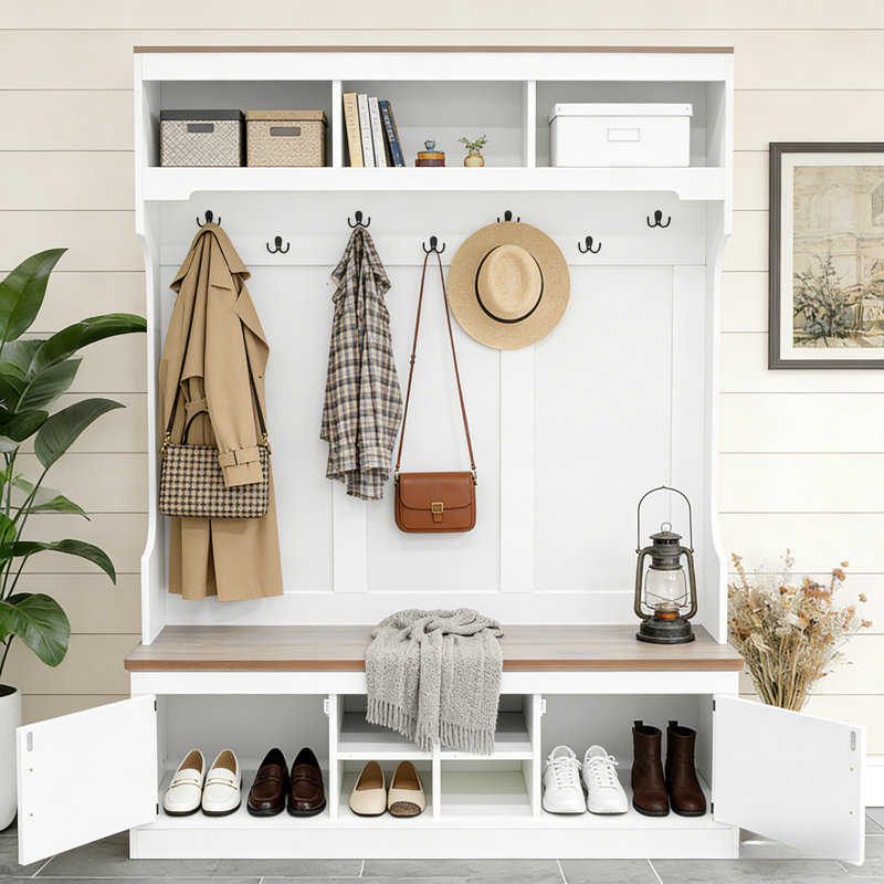 Banc d'arbre de ferme 5 en 1 avec rangement pour chaussures, portemanteaux et crochets, Blanc