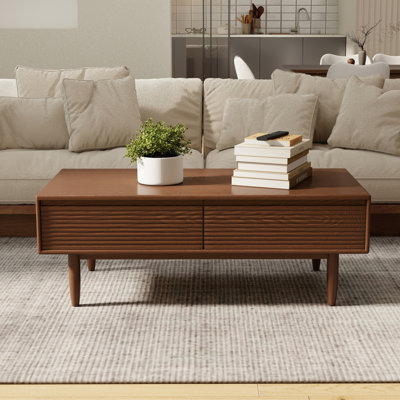 Solid Oak Wood Coffee Table with 4 Drawers, Mid-Century Modern Rectangular Cocktail Table with Ribbed Fluted Drawer Fronts and Tapered Wood Legs, Walnut, 47.24inch