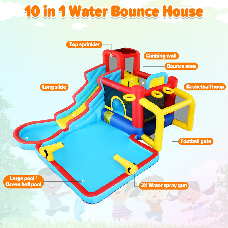 12.14' x 14.6' Inflatable Slide with Waterslide and Air Blower