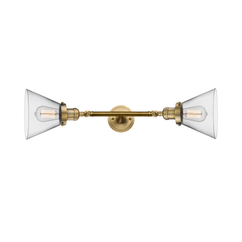 Cone 2 Light Bath Vanity Light, 6 Watt Vinage LED Bulb, Clear, Brushed Brass