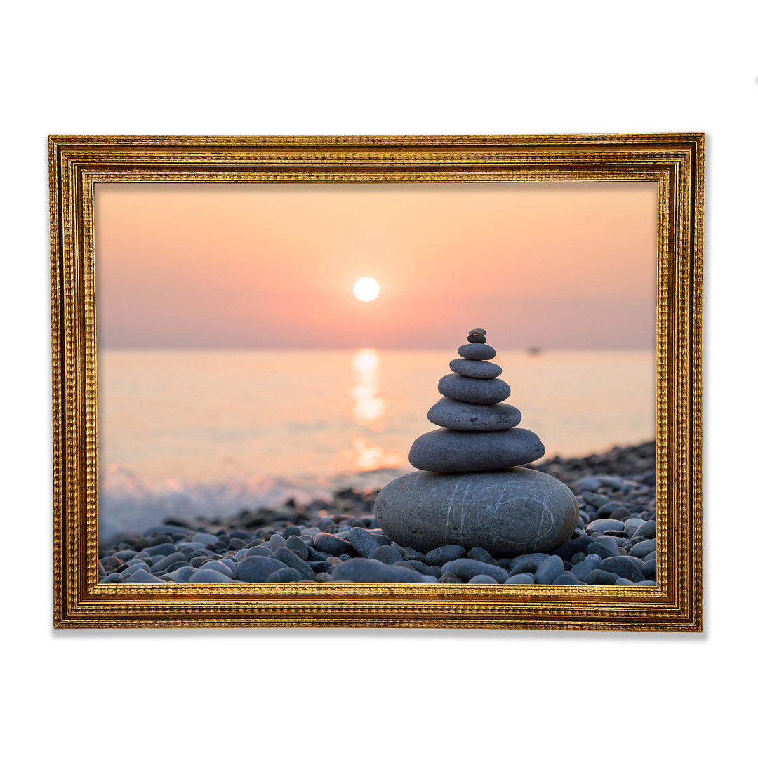 Gerahmter Fotodruck Zen Stones At Sunset On The Beach