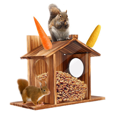 Solid Wood Hanging Squirrel Feeder With Clear Front Panel, Wide Perch Easy Refill