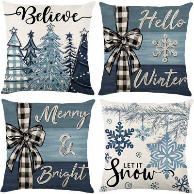 4 pièces de housses de coussin de Noël de 18 x 18 pouces, flocons de neige bleus, vacances d'hiver, taies d'oreiller, arbres de Noël, housses de coussins saisonniers pour la décoration extérieure du canapé du canapé