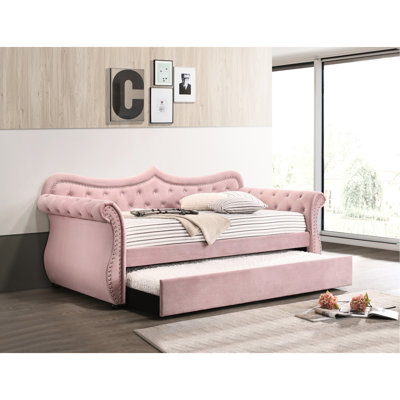 Lit de jour simple en velours rose avec lit gigogne rembourré, structure de pieds en bois, garniture à boutons et têtes de clous, sans matelas, capacité de poids de 330 lb entièrement assemblée, accessoires, limite, matelas de 8 po