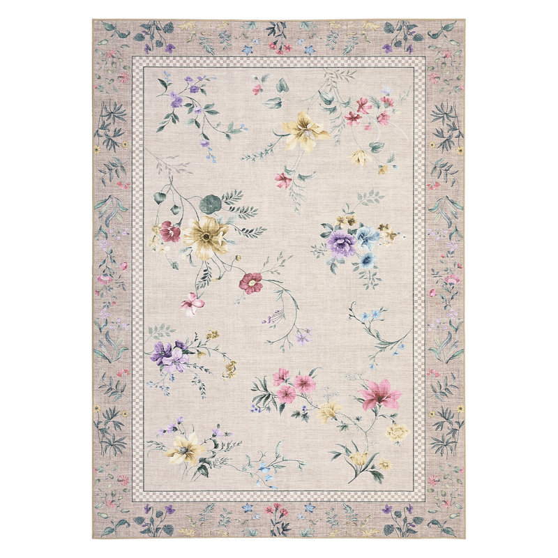 Washable Area Rugs for Living Room Modern Floral Bedroom Rugs for Dining Room OfficeContemporary Home Decor Rug, Beige