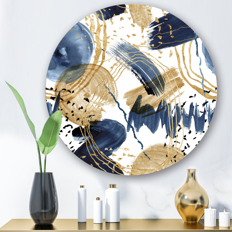 Motif abstrait avec art mural rond abstrait en métal bleu foncé et doré, H 23 po x l 23 po x P 1 po