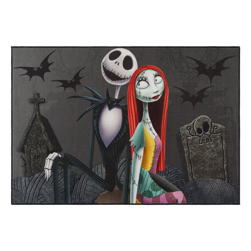 Licensed Disney Nightmare Before Christmas Jack and Sally Black Gray Easy Care Non-Slip Polypropylene Youth Area Rug, 4'6"x6'6"