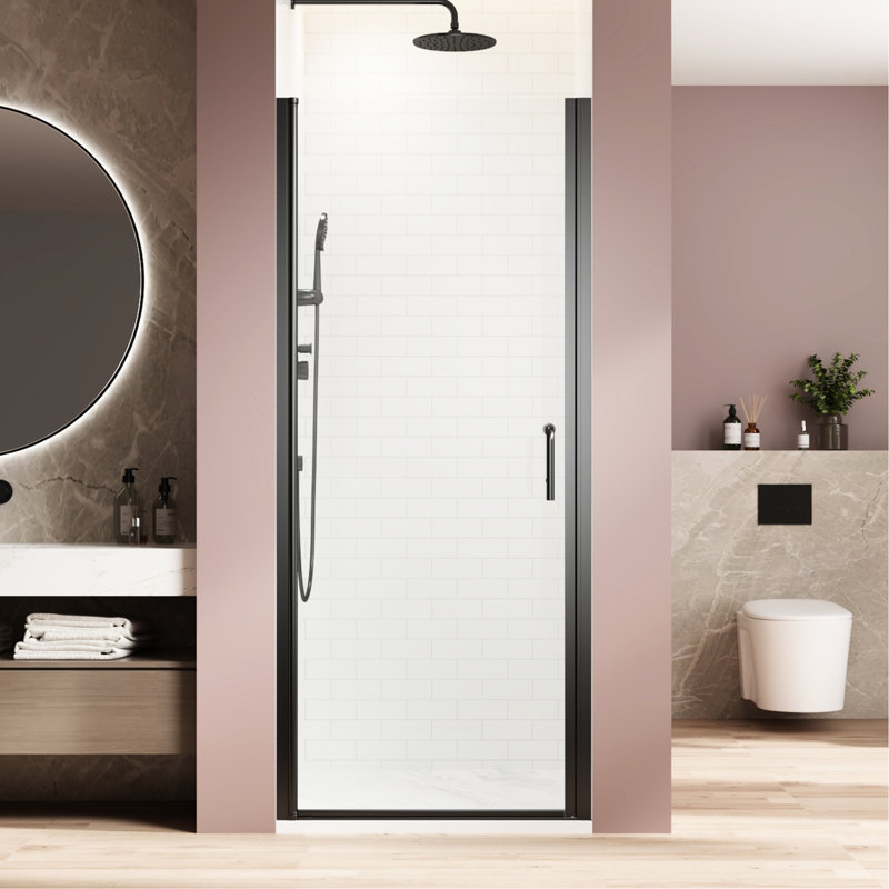Porte de douche pivotante, acier inoxydable noir mat, verre trempé à faible encombrement, installation réversible,