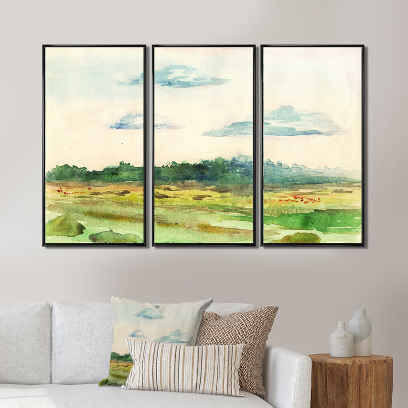 «Green Blossoming Summer Landscape», ensemble d'art mural sur toile encadré traditionnel de 3, H 28 po x l 36 po x P 1 po