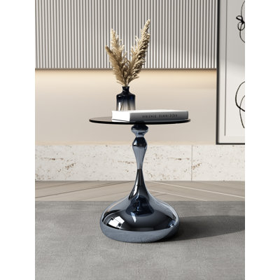 10mm Gray Tempered Glass Side Table with Marble-Finish Base & Nano-Coated Pole - Weighted Accent Table for Living Room, Bedroom, Balcony