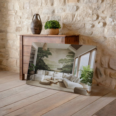 Toile une scène intérieure sereine avec un salon confortable avec art mural, une grande murale d'inspiration rétro représentant un art mural sur toile tranquille