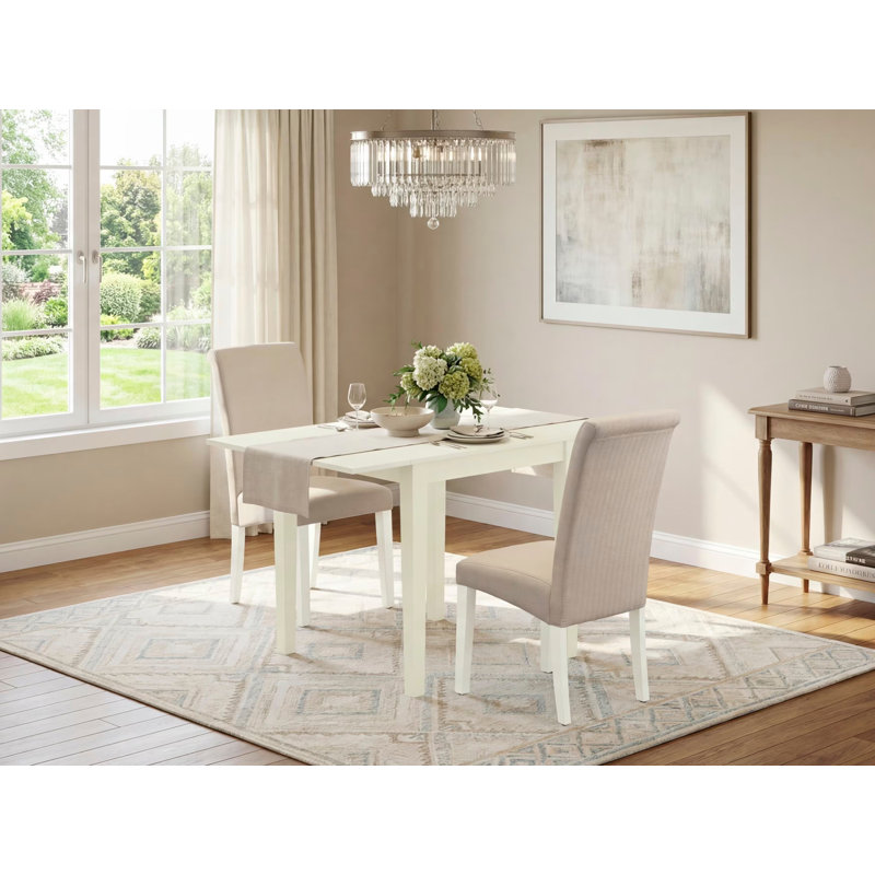 Solid Wood Top - Dining Room Set - Seats, Linen White, Cream, 3 Pieces: 1 Table, 2 Chairs