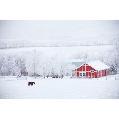 Horse And Red Barn In Winter by ImagineGolf - Wrapped Canvas Print