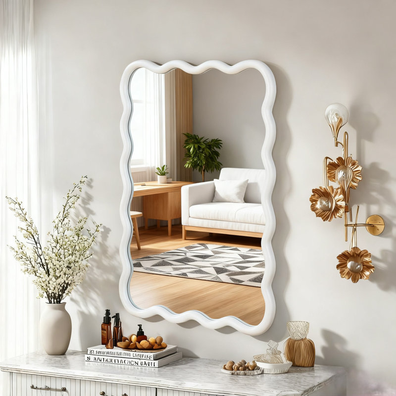 Bohemian Rectangle Wood Framed Decorative Wall Mirror, White, 36" x 24"