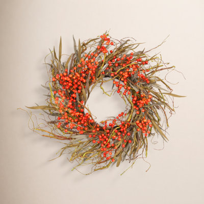 26" Artificial Farmhouse Thanksgiving Day Harvest Blossom Cluster Grass Berry Fall Wreath For Front Door