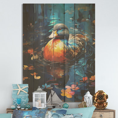 Canard bleu et orange, matin, lac Quack - animal canard sur bois