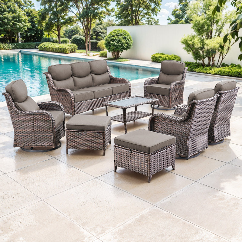  8-Piece Patio Furniture Set With Swivel Glider Chairs, 6-Inch Ultra-Plush Cushions & Water-Resistant Olefin Fabric, Gray