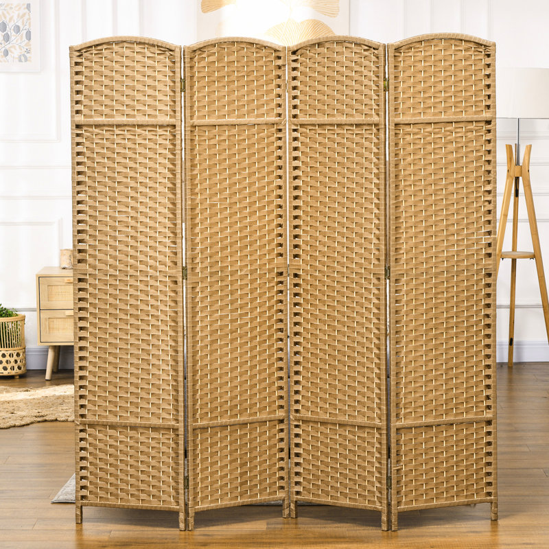 Paravent 4 panneaux d'une hauteur de 5,6 pi pour le bureau à domicile. Thème en bois naturel avec motif tissé à la main. Cloison polyvalente. Structure fabriquée et sangles en polypropylène. Léger et pliable. Aucun assemblage requis