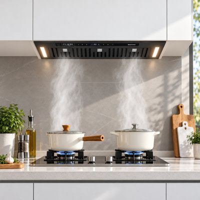 Hotte de cuisine encastrable convertible de 91 cm (36 po) et 900 pi³/min (25,4 m³/min) avec commandes vocales, gestuelles et tactiles, 4 vitesses, filtre à chicane lavable au lave-vaisselle et filtre à charbon inclus pour une utilisation sans conduit.