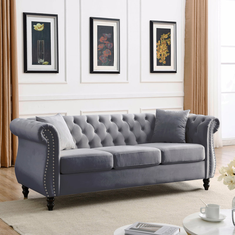 80" Chesterfield Sofa Grey Velvet For Living Room, 3 Seater Sofa Tufted Couch With Rolled Arms And Nailhead, Brown