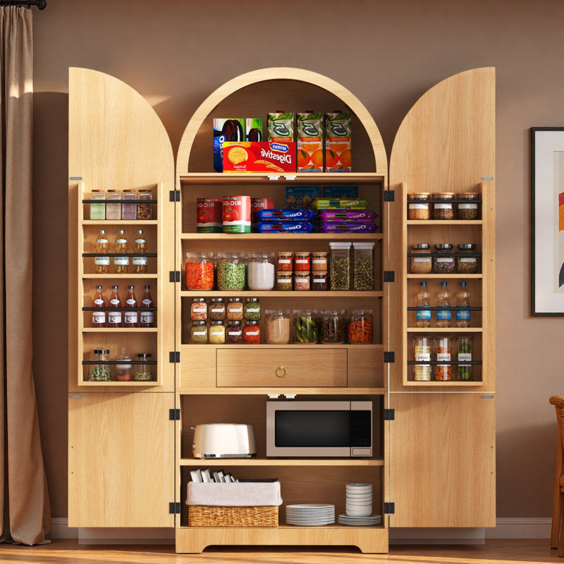Tall Arched Kitchen Pantry With 8 Door Shelves, 3 Adjustable Shelves And Hidden Drawer, Natural