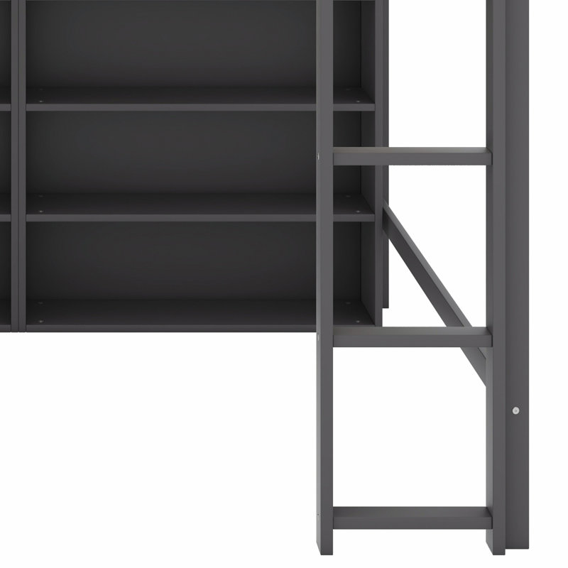 Lit mezzanine avec 8 tablettes de rangement ouvertes et échelle intégrée, Gris antique