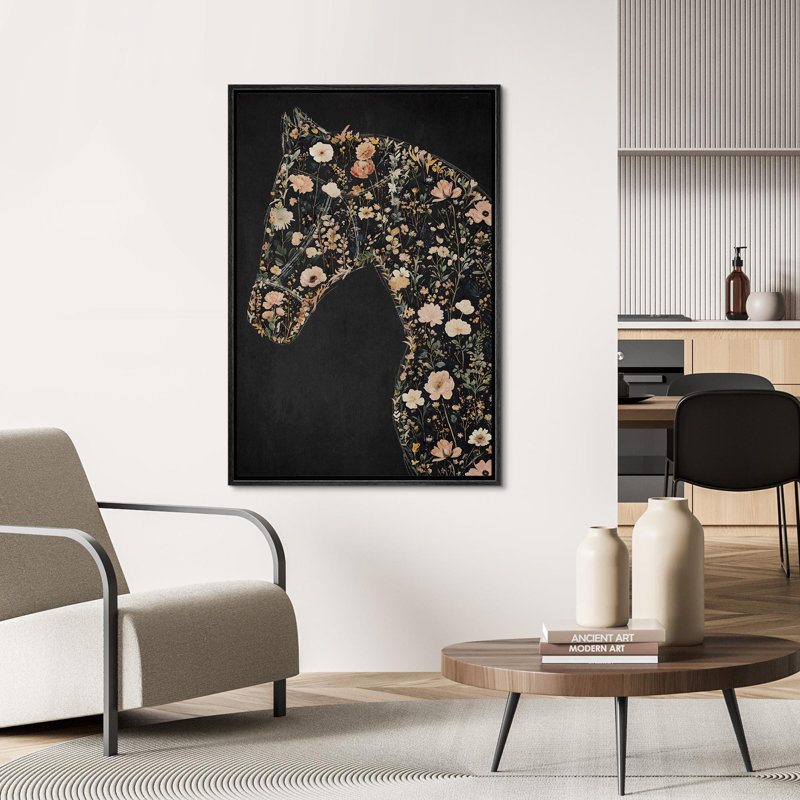 «Light Orange Moody Floral Horse Animal Chic Modern Artwork Home Decor», reproduction d'art sur toile encadrée