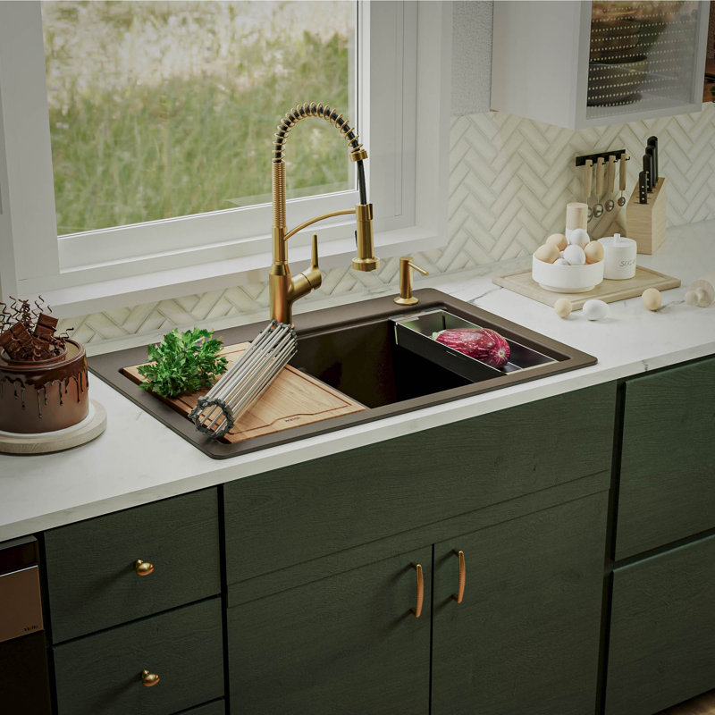 Quartz Top Mount Sinks 33'' L Double Bowl Kitchen Sink, Brown