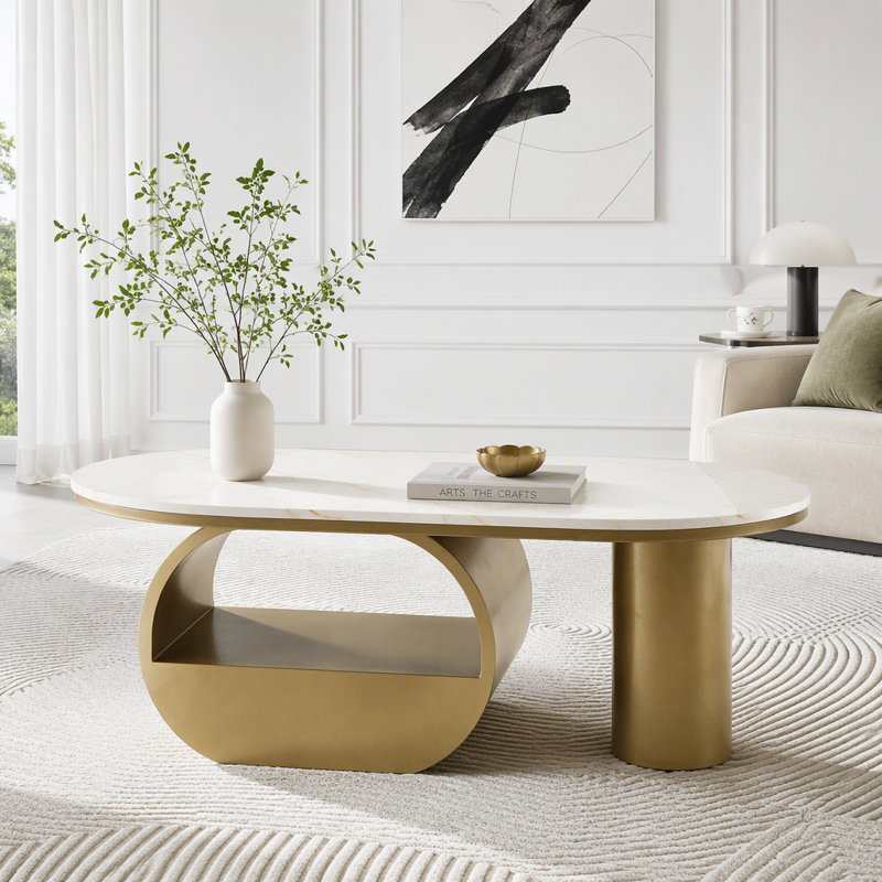 Table basse ovale moderne de luxe avec tiroir de rangement, Doré / Blanc
