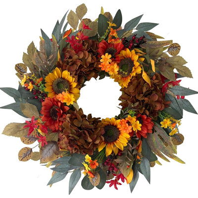 Couronne d'automne pour la porte d'entrée, couronne de tournesol artificielle et d'hortensia avec feuilles d'eucalyptus, couronne de récolte d'automne pour porche intérieur extérieur maison de campagne décorative