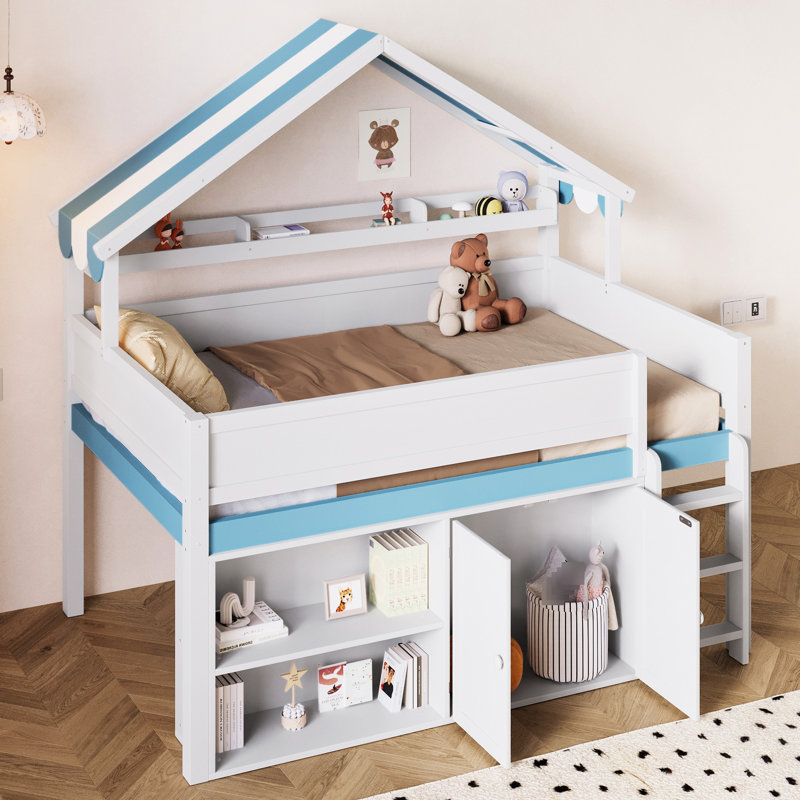 Lit mezzanine double blanc et bleu avec auvent, structure en bois, grand espace de rangement pour équipement de jeu avec toit à baldaquin, construction, accessoires de chambre à coucher