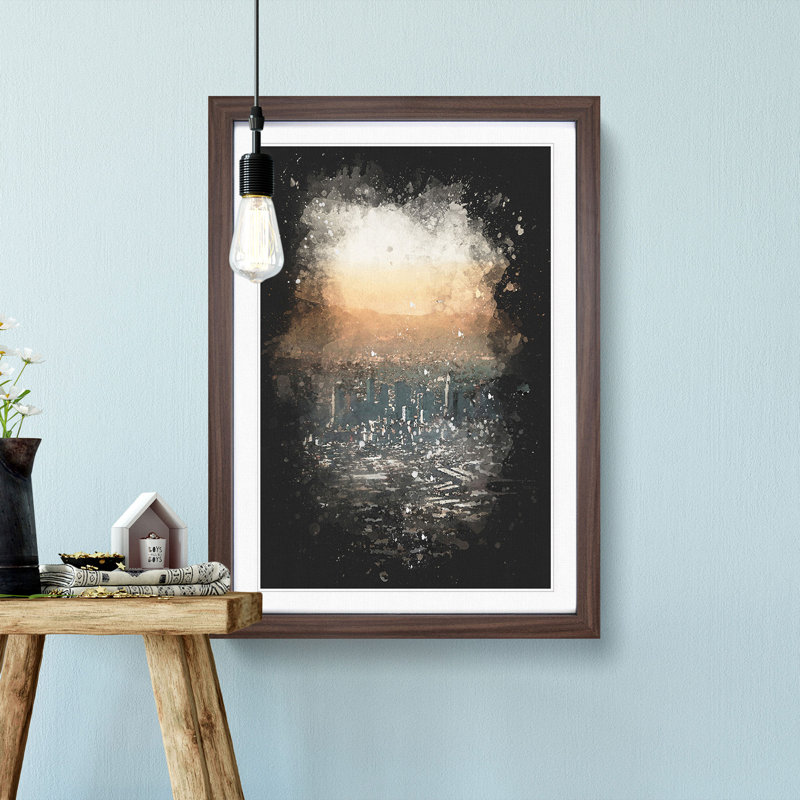 High Over The Los Angeles Skyline Paint Splash - Picture Frame Graphic Art, 45cm H x 33cm W x 2cm D, Walnut Framed