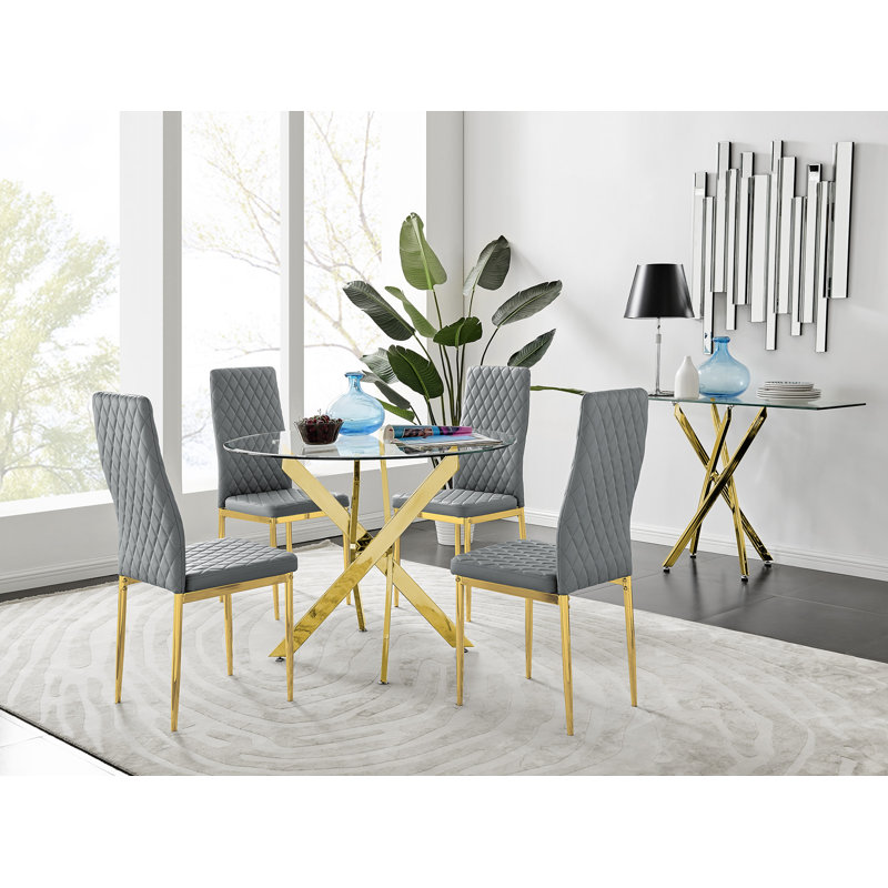 Eubanks 4-Person Round Dining Set, Gray/Gold, Gold