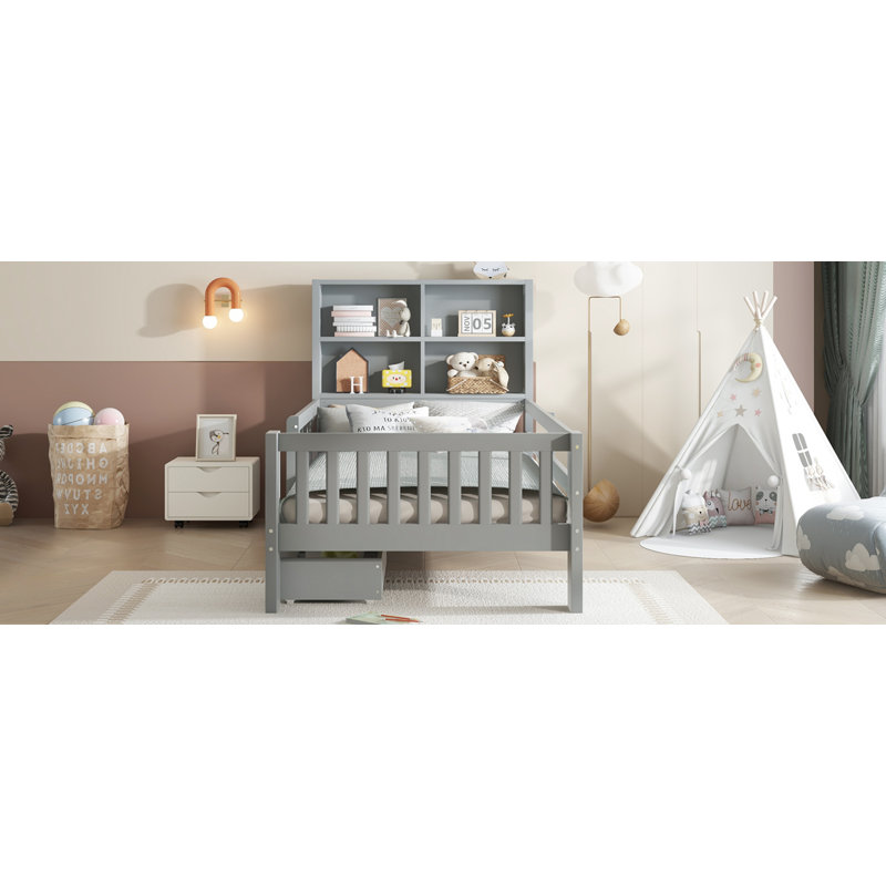 Lit plateforme en bois avec tiroirs et tablettes de rangement, gris, Simple