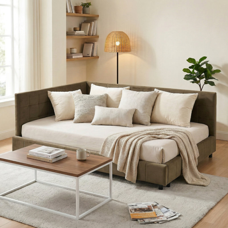 Modern Upholstered Daybed with Channel-Tufted Backrest, queen Size, Brown