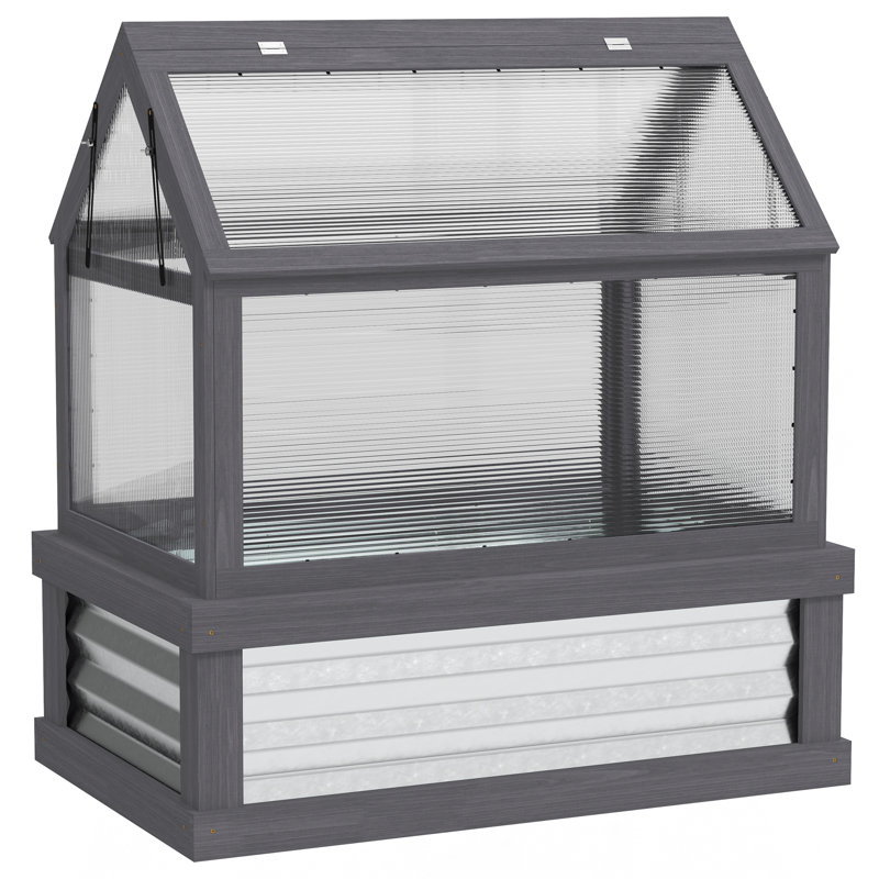Raised Garden Bed with Polycarbonate Greenhouse, Wooden Cold Frame Greenhouse, Garden Flower Planter Protection, Peak Roof, 35.5" x 22.5" x 38.25", Gray