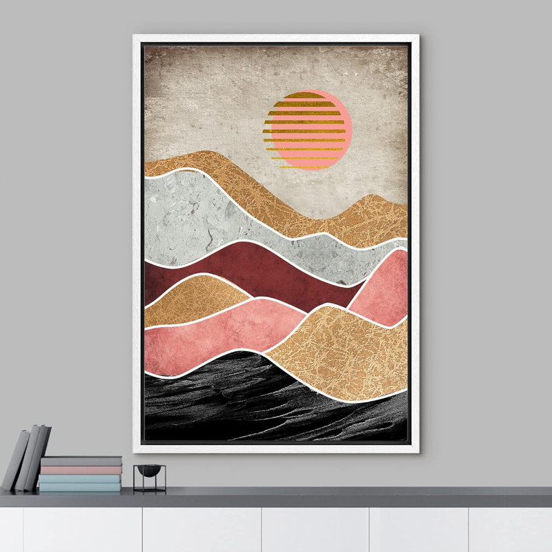 Soleil, chaîne de montagnes, paysage abstrait, illustrations modernes, Blanc, H 24 po x l 16 po