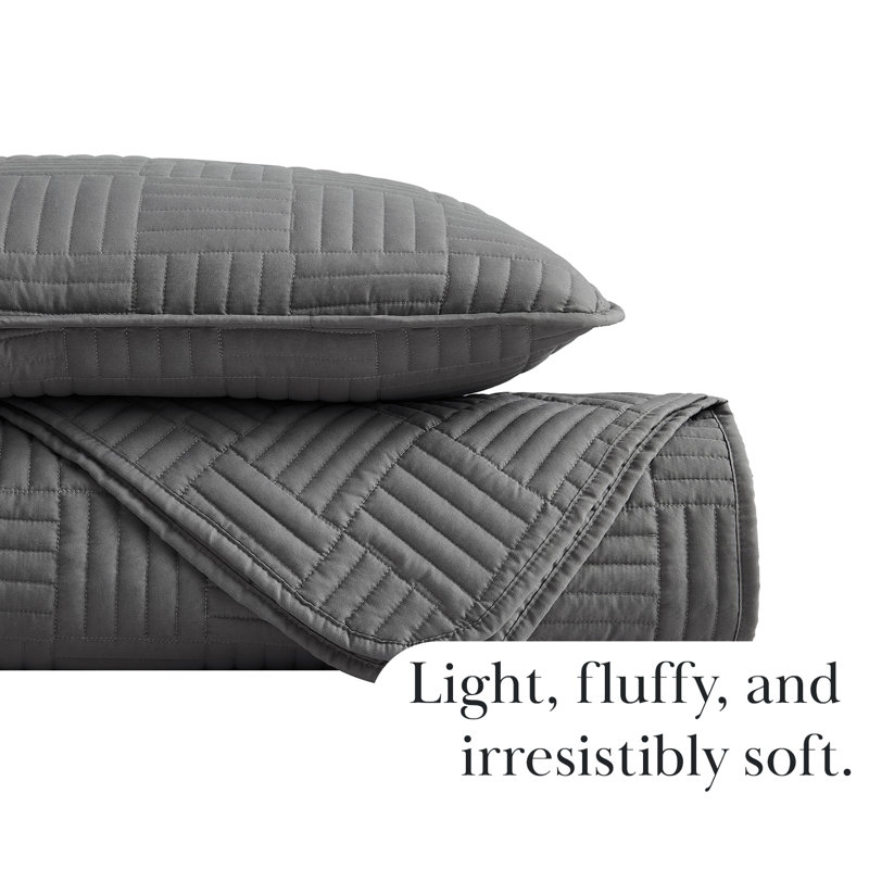 Grid Quilted Oversized lightweight Prewash Microfiber Quilt Set, King Quilt + 2 King Shams, Dark Gray