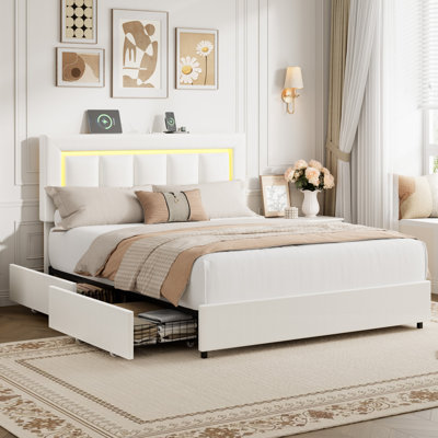 Cadre de grand lit 82,7 po x 62 po x 40,9 po avec 4 tiroirs et lumières DEL, tête de lit en similicuir avec ports USB, cadre en bois d'ingénierie et en métal, aucun sommier nécessaire pour la chambre à coucher, blanc
