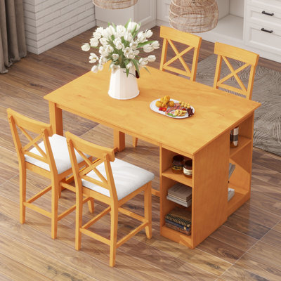 Farmhouse Counter Height 5-Piece Dining Set for 4 with 3-Tier Storage Shelf, 60″ Brown Solid Wood Table & 4 Upholstered Chairs