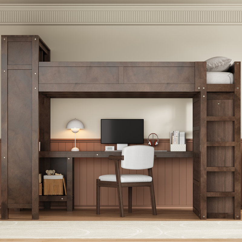 Grand lit mezzanine en bois avec bureau, garde-robe, rangement pour tête de lit et chargement USB, brun, Brun