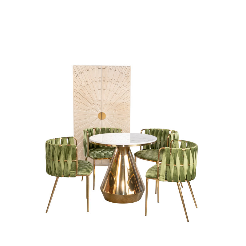 Izzabella 5-Piece Dining Set – Round White Marble Bistro Table with Gold Stainless Steel Base and 4 Woven Curved Dining Chairs with Gold Legs